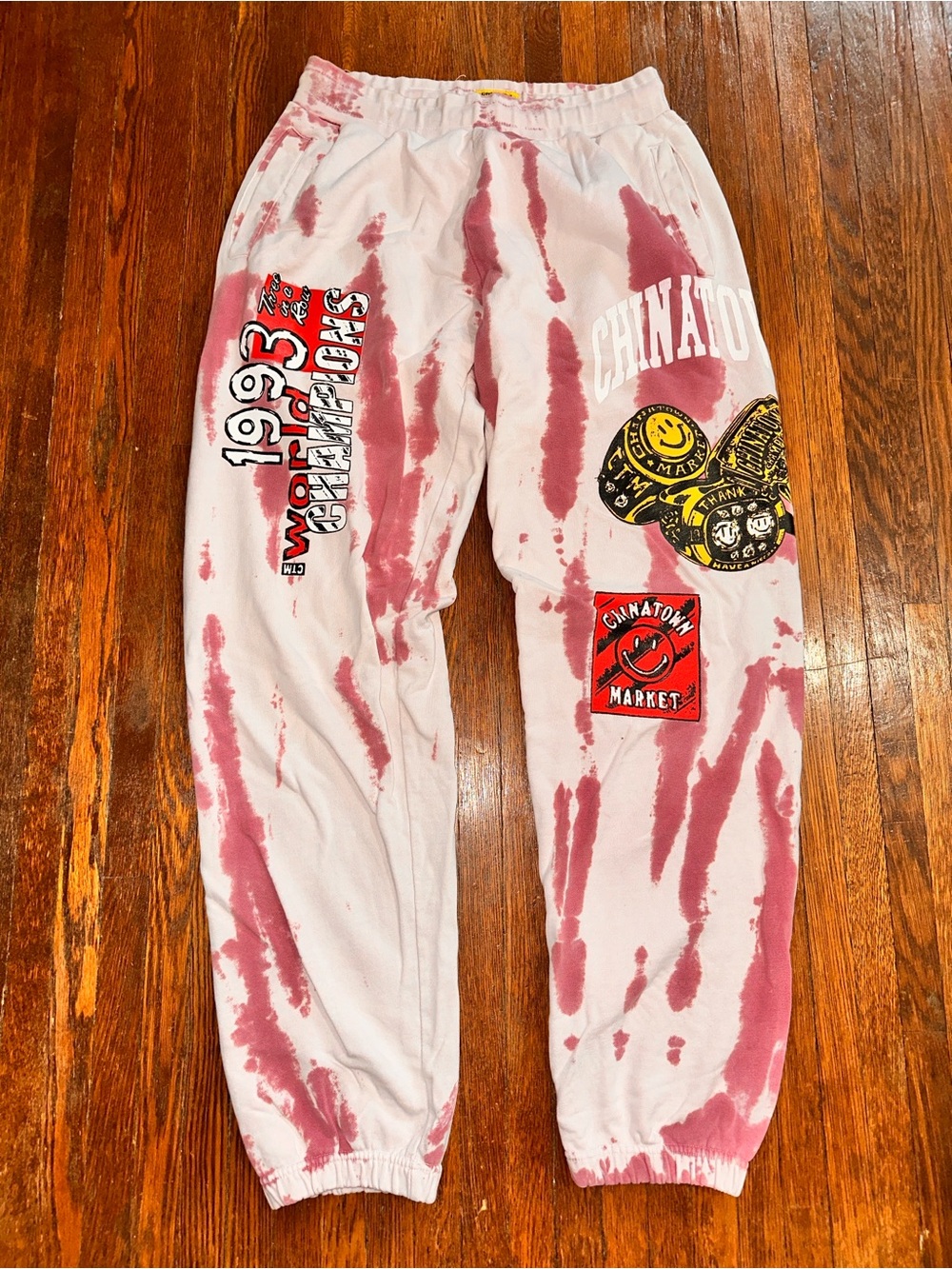 Men’s Large Chinatown Market Smiley Originals Pink Tie Dye Jogger Sweat Pants